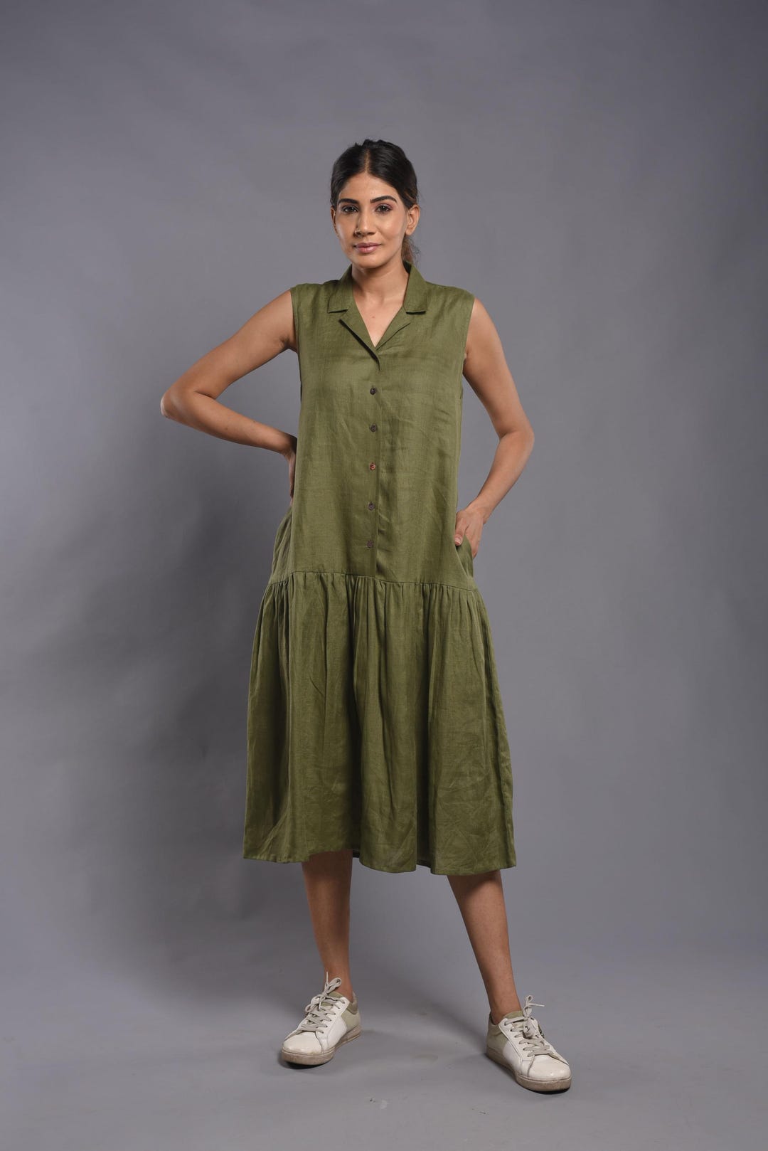 Sleeveless V Neck Linen Blend Dress Olive