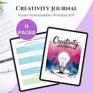 Peut inclure: Deux tablettes affichent un journal de créativité numérique. La couverture présente une illustration d'ampoule avec les mots "Creativity Journal". Le journal contient 11 pages et des sections pour le brainstorming et la cartographie mentale.