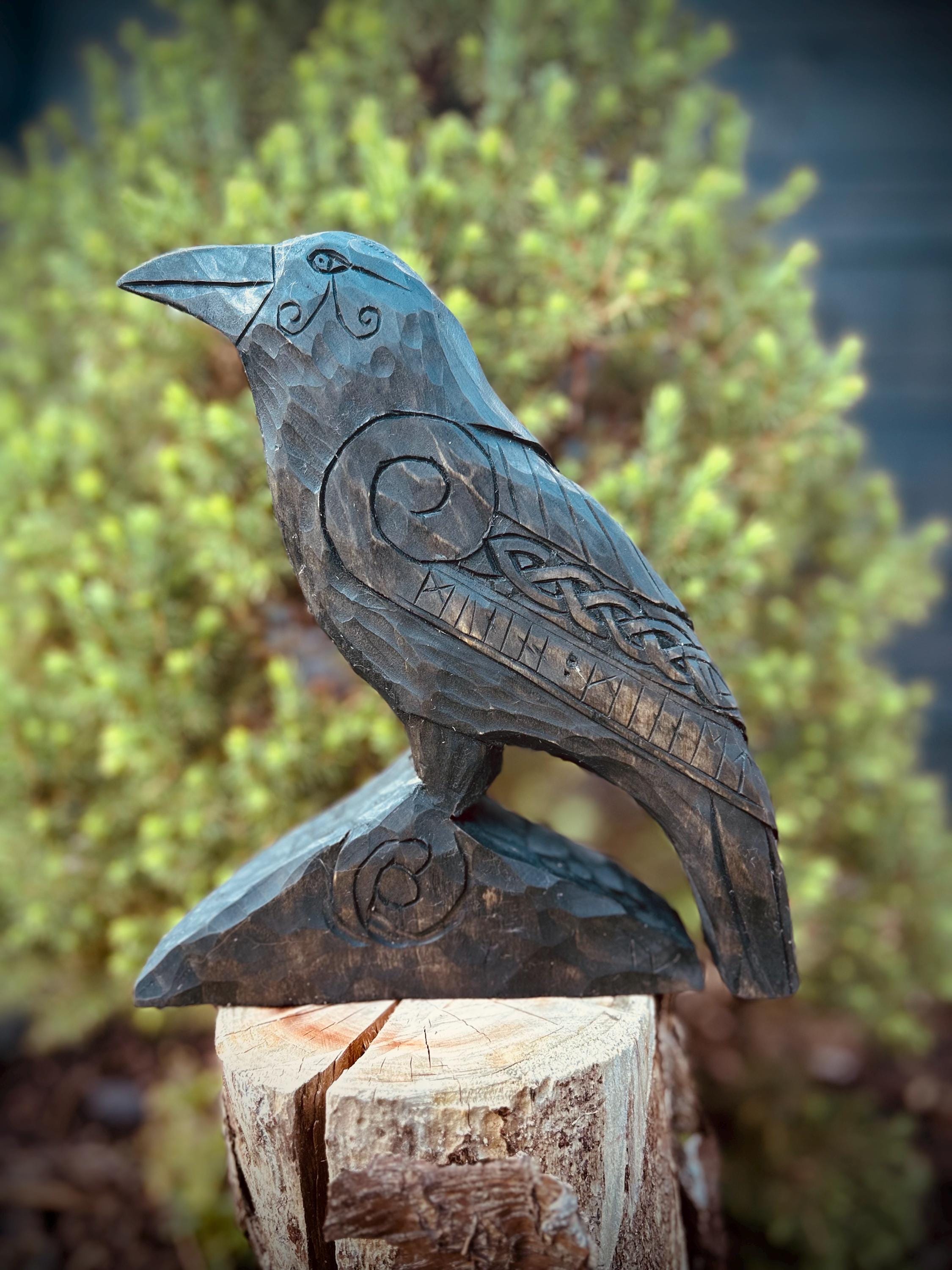 Hand Carved Wood Raven Statue Hugin With Handmade Wood Totem Altar