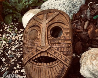 Odin Oseberg mask wood art , rituals , Celtic , Viking Algiz
