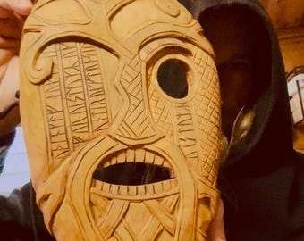 Hand Carved Odin Allfadir Yggdrasil Wooden Mask – Norse Mythology Wood Art