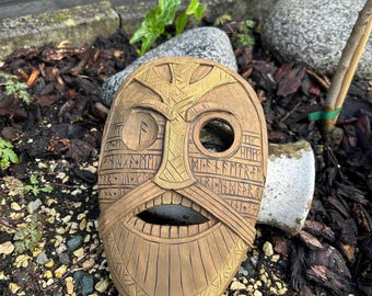 Odin Oseberg mask wood art , rituals , Celtic , Viking Algiz