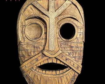 Odin Oseberg mask wood art , rituals , Celtic , Viking Algiz