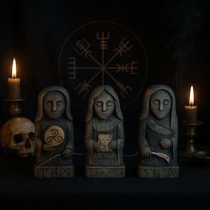 Norns , Norse mythology Skuld , Urdr Verdandi wood totems wood art altar seidr
