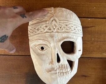 Hel Hand Carved Birch Wood Hel Mask: Norse Pagan Art, Wearable