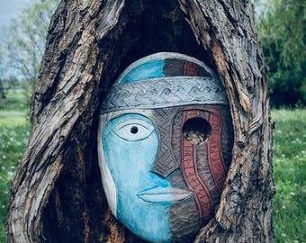 Hand Carved Birch Wood Hel Mask: Norse Pagan Art, Wearable