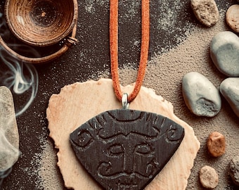 Hand Carved Loki Mask Pendant – Ancient Bog Oak, Norse Mythology