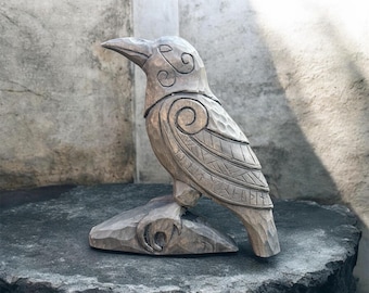 Hand carved Hugin Munin Raven statue  handmade wood totem altar