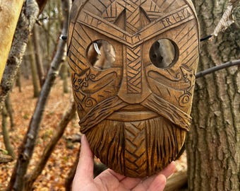 Hand Carved Oak Tyr Mask – Norse Viking Wall Art