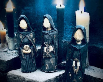 Norns , Norse mythology Skuld , Urdr Verdandi wood totems wood art altar seidr