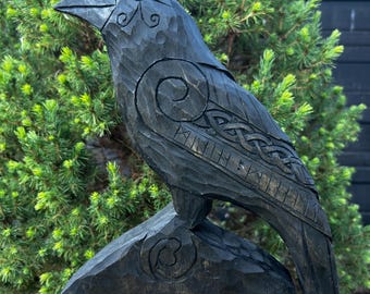 Hand Carved Wood Raven Statue Hugin With Handmade Wood Totem Altar