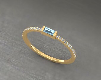 Natural Aquamarine Baguette Ring, Dainty Thin Ring, Blue Aqua Ring, 14k Solid Gold Minimalist Ring, Birthday Gift,Natural Aqua Art Deco Ring