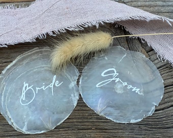 Mother of pearl disc place card / name tag handwritten