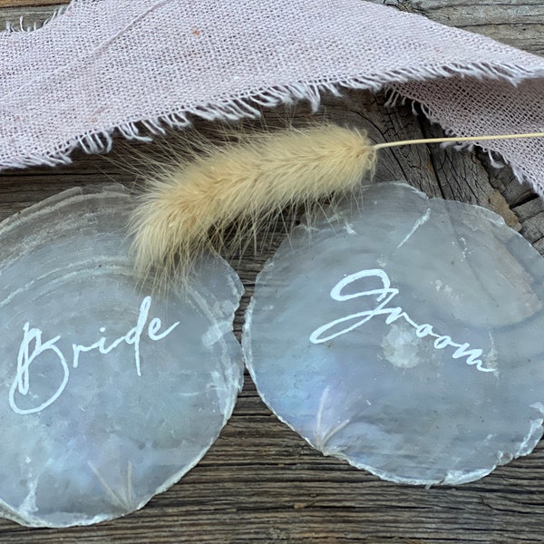 Mother of pearl disc place card / name tag handwritten