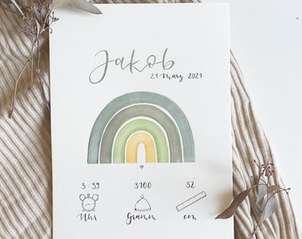 Birth Picture Rainbow DinA4 | hand-painted | Birth Poster | Baptism | Gift | Nursery