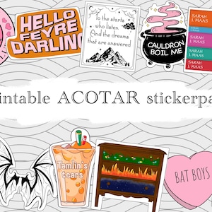May include: Printable sticker pack featuring characters and quotes from the A Court of Thorns and Roses series. Stickers include a cauldron, a book, a heart, a drink, a bookshelf, and a bat.
