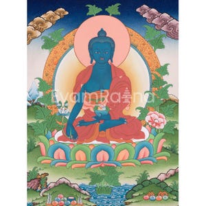 The Healing Blue Buddha Thangka Painting | Bhaisajyaguru, Buddha of Purification | Hand-Painted Tibetan Buddhist Artwork | Spiritual Art