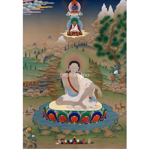 Historical Buddhist Master Milarepa Thangka Print | Jetsun Milarepa Large Canvas Art | Buddhist Master | Spiritual Gift Idea | Made in Nepal