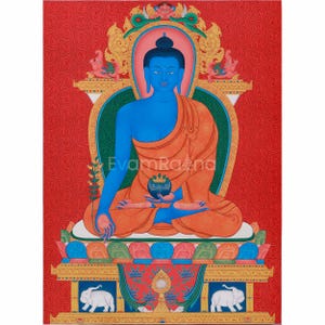 Tibetischer Medizin Buddha Thangka | Bhaisajyaguru, Buddha der Gesundheit | Spiritueller Schutz | Meditations Altar | Kunstwerk im Kadampa Stil