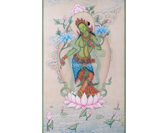 Stampa artistica nepalese della Madre Tara Verde per la meditazione/Stampa tradizionale della divinità buddista per la pratica quotidiana/