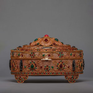 Handmade Tibetan Religious Treasure Ghau Box | Gold Plated Protective Portable Altar for Home Decor | Traditional Nepalese Craft Gifts