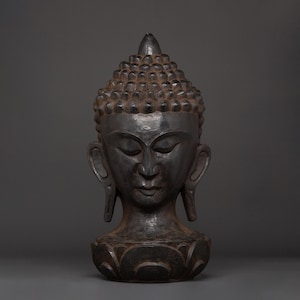 Wooden Buddha Head Decor 53cm | Handcarved Buddha Bust Statue, Black Zen Sculpture | for Meditation Room, Spiritual Mindful Home Accent