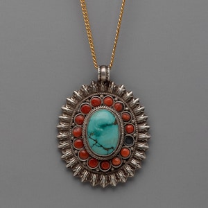 Tibetan Silver Coral Stone  Locket | Handmade Tibetan Silver Locket with Coral Stone | Buddhist Keepsake | Traditional Amulet Pendant |