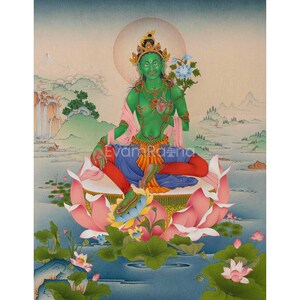 Green Tara | Tara Thangka Print | Digital Canvas Print | Meditation Wall Hanging | Spiritual Gifts | Nepal Art |   Buddhist Rituals