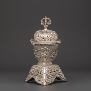 Silver Plated Kapala | Tibetan Copper Skull Cup with Ornate Silver Finish | Ritual Offering Cup for Tantric Practices & Spiritual Ceremonies