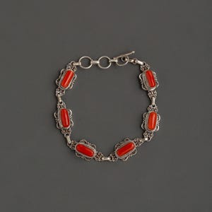 Sterling Silver Coral Bracelet | 21cm 92.5 Silver with Genuine Coral Stones | Handmade Boho Jewelry | Elegant Coral Silver Gift for Women
