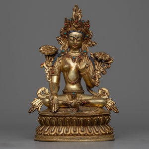 Green Tara Statue | Tibetan Mother Drolma Tara Statues | Goddess of Compassion Deity | Spiritual Buddhist Sculpture | 24k Gold Gilded Statue