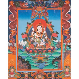 Dragon Border Vajrasattva Shakti Thangka | Tibetan Dorje Sempa Yab Yum Painting | Colorful Buddhist Deity | Art Painting for Meditation