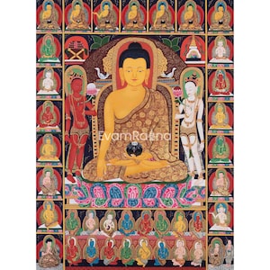 Shakyamuni Buddha Kadampa Print | Buddhist Thangka Painting | Bodhisattvas Surrounding Temple Of Buddha | Digital Printing | Wall Decoration