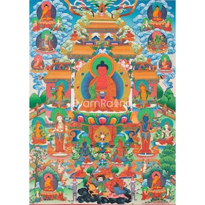 Original Amitabha Buddha Pure Land | Sukhavati Bhuwan | Buddhist Heaven | Meditation Thangka Painting | Good Luck to House | Tibetan Decor