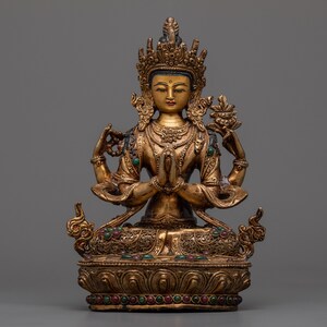 Four Armed Chenresig Statue | Traditional Himalayan 24k Gold Gilded Artwork | Evamratna Arts | Hand-Carved Himalayan Sculpture | Bodhisattva