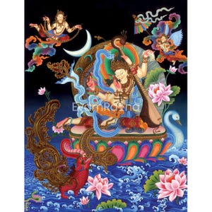 Goddess Saraswati Tibetan Buddhist Print | Traditional Hindu Goddess Sarasvati Print | Buddhist Art For Home Decor | Evamratna
