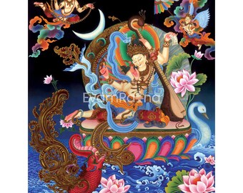 Goddess Saraswati Tibetan Buddhist Print | Traditional Hindu Goddess Sarasvati Print | Buddhist Art For Home Decor | Evamratna