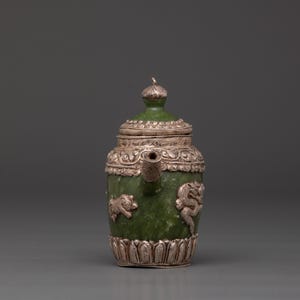 Spiritual Jade Teapot | Handcrafted Silver-Plated Teapot with Lion & Dragon Design | Decorative Jade Teapot for Meditation and Collecting