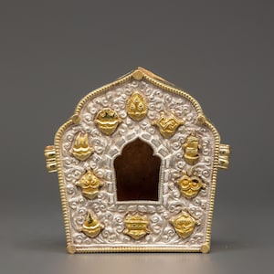 Sterling Silver Ghau Prayer Box | Buddhist Amulet Box with Gold-Plated Auspicious Symbols | Tibetan Copper Sacred Shrine for Protection