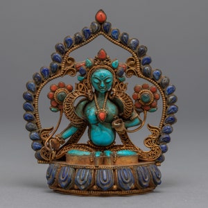 Mini Green Tara Statue | Tibetan Mother Drolma Sculpture | Compassionate Deity | Traditionally Manufactured in Nepal | Gold Plated Sculpture