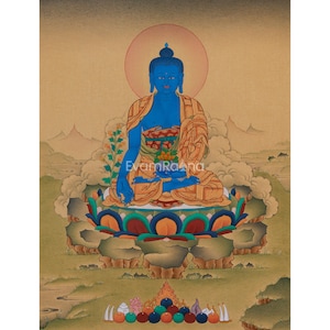 Buddhistische Heilgottheit, Bhaisajyaguru Thangka | Handgemalter Medizin Buddha | Tibetischer Buddha der Gesundheit und Gelassenheit | Spiritueller Schutz