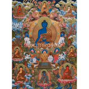 Montage von 8 Medizinbuddhas | Tibetisches Bhaisajyaguru Thangka | Heilende Kunst | 24K Gold auf Baumwollleinwand | Großes Kunstwerk | Einweihungsgeschenk