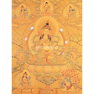 Full Gold Hand-Painted Vajrasattva with White Tara, Shakyamuni Buddha, Green Tara, Manjushri, and Vajrapani | Divine Wisdom | Home Decor |