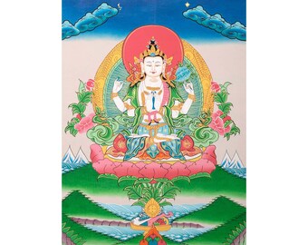 Bodhisattva Chenrezig Thangka | Chenresig Tibetan Thangka Art | For Eternal Loving and Kindness | Small Size Wall  Decor Art | Religious Art
