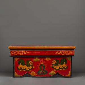 Tibetan Wooden Folding Table Hand-Painted with Snow Lions | 46cm Wooden Ritual Table for Altar and Home Decor | Sacred Buddhist Furniture