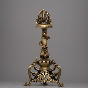 Large Brass Sukunda | Ghee Oil Lamp | Handcrafted Lord Ganesh Carving | Light Offering Altar | Spiritual Decor Piece | Dragon Stand