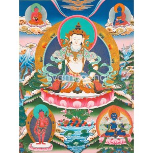 Vajrasattva Dorje Sempa Flanked By Other Bodhisattvas | Original Hand-Painted Buddhist Thanka | Wall Hanging Yoga Meditation Canvas Art