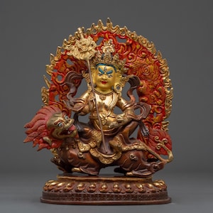 Gold-Plated Namtoshe Statue – Oxidized Copper Statue | Tibetan Guardian Deity Sculpture | Buddhist Wealth Protector | Handmade Himalayan Art