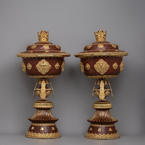 Gold Plated Buddhist Butter Lamp Set | Tibetan Butter Oil Lamp Offering Set | Light Offering Altar | Home Decorative | Tibetan Buddhism