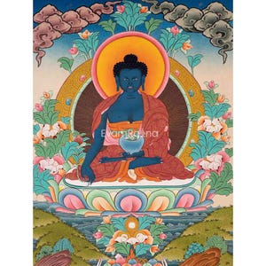 Budda Medycyny | Oryginalna ręcznie malowana tybetańska Thanka | Malarstwo ścienne | Malarstwo artystyczne do medytacji i przynoszące szczęście w domu